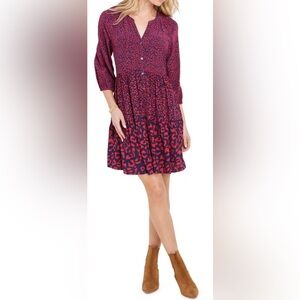 Vineyard Vines Red & Navy Animal Print Long Sleeve Button Down Dress- Size Small